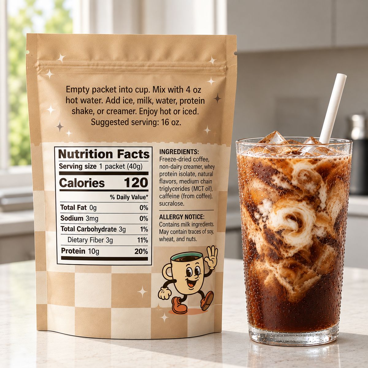 Viral Protein-Packed Coffee Mix | Singular Pack | 10G Protein & 180Mg Caffeine | 16Oz Hot or Cold Drink Packet